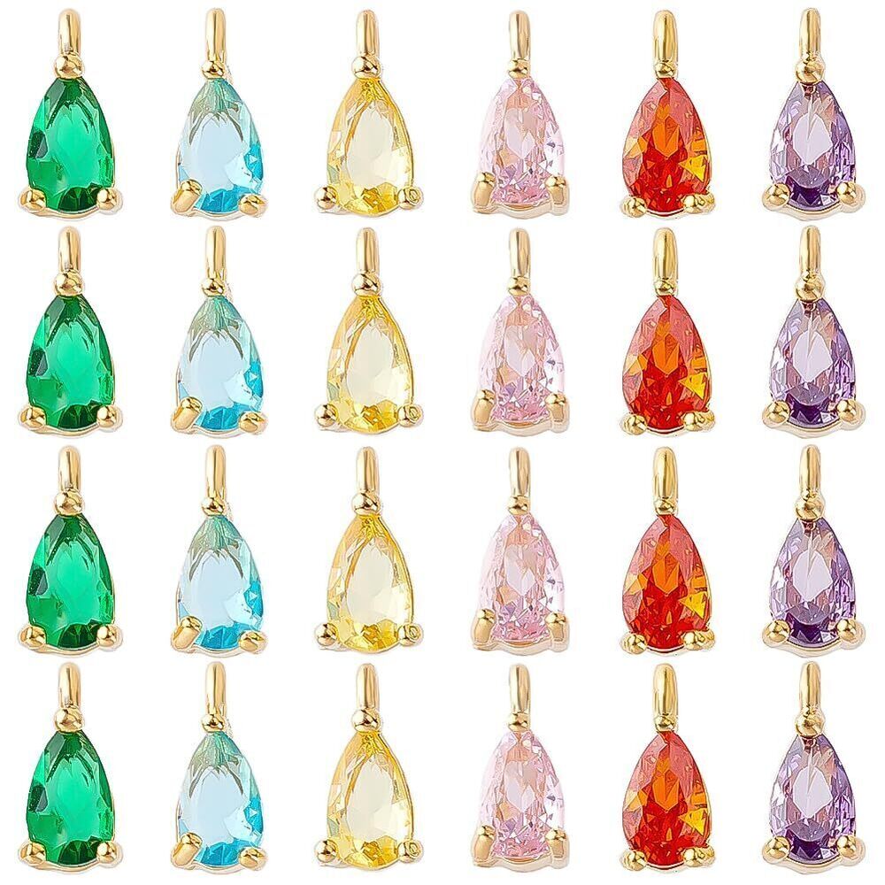 2782 24Pcs Cubic Zirconia Teardrop Charm, 6 Colors Brass Micro Pave CZ